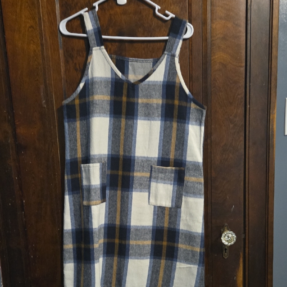 Plaid Sleeveless Pinafore Dress in Navy, Cream & Mustard
